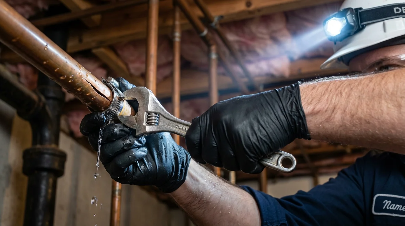 Emergency pipe clamp repair being performed by a Johns Plumbing LLC plumber in Ishpeming