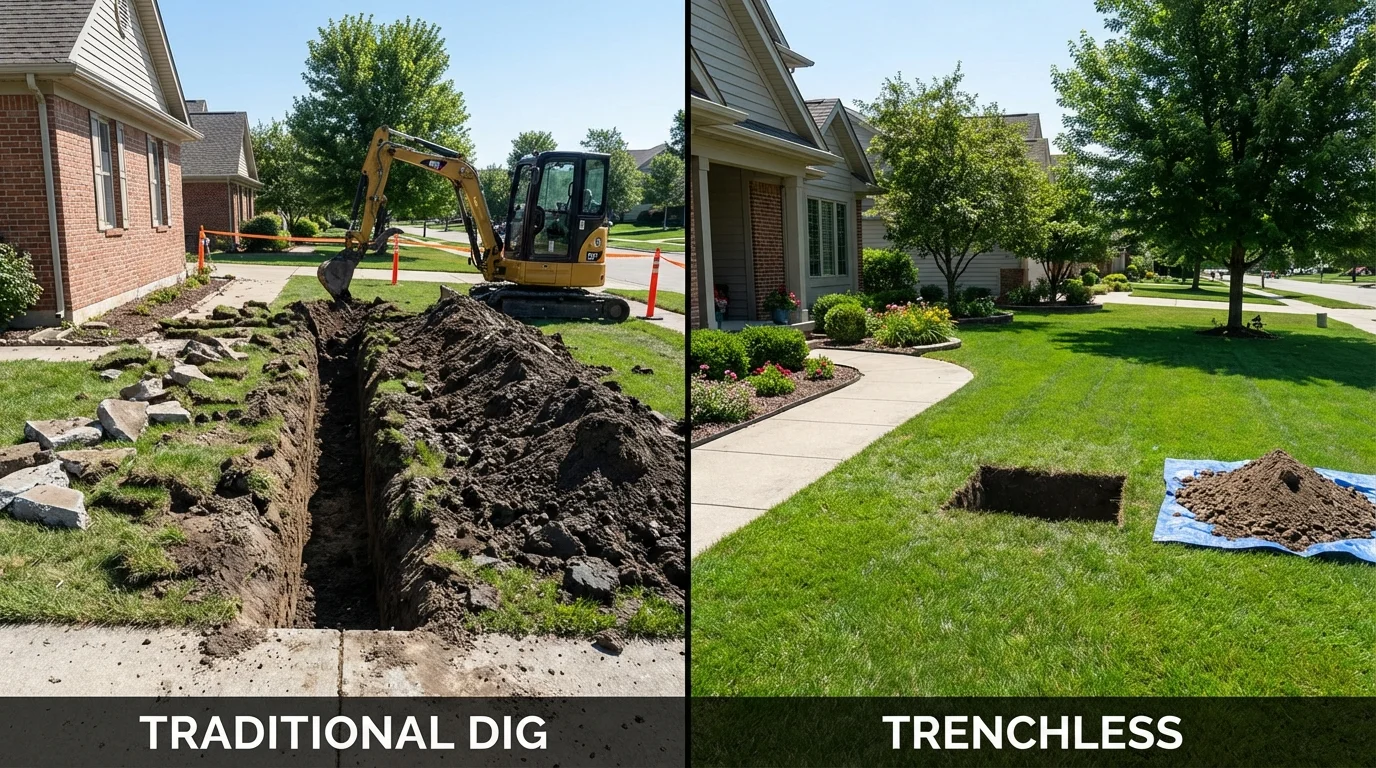 Trenchless sewer repair with minimal yard damage versus traditional excavation in Ishpeming, MI