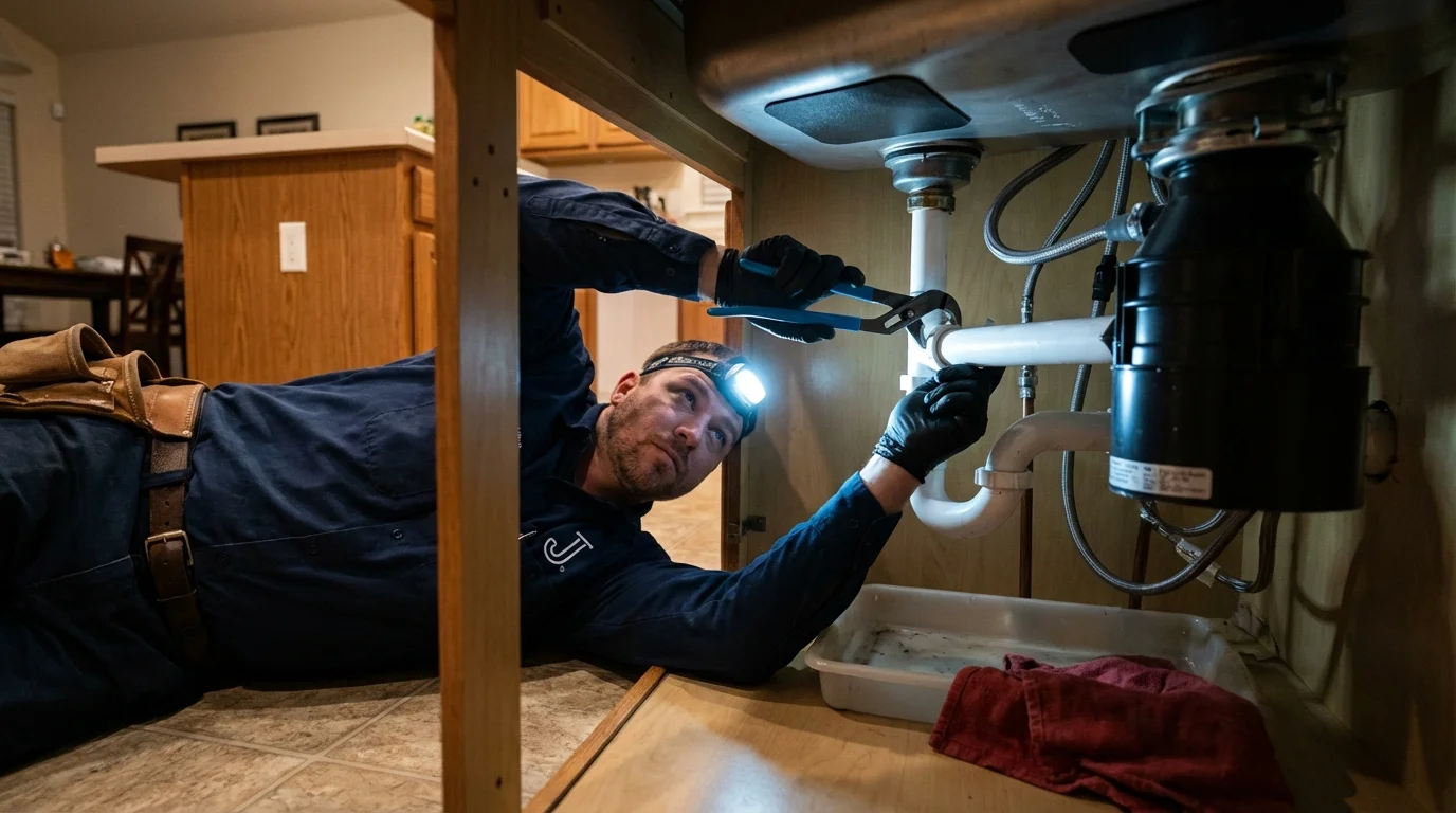 P-trap and supply line connections under a kitchen sink showing a common leak point in Ishpeming, MI